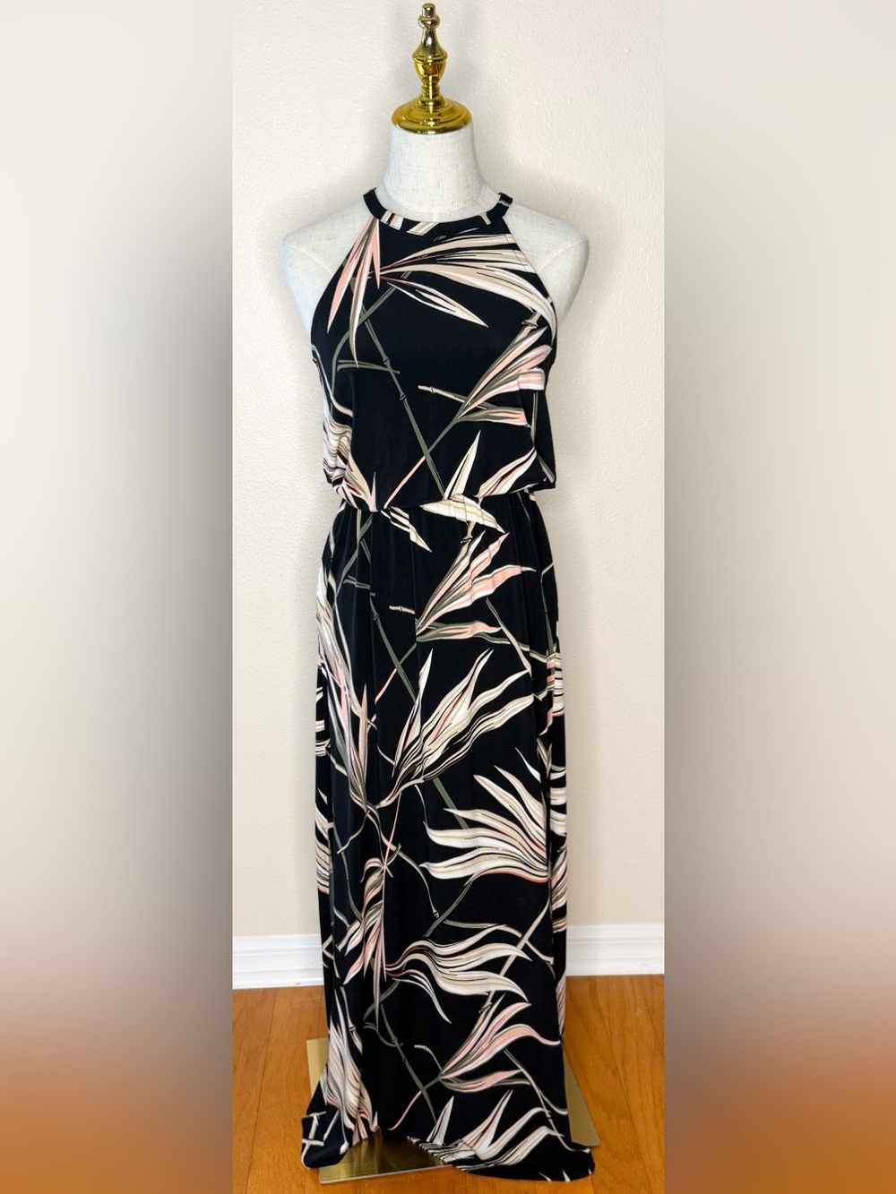 WHBM White House Black Market Palm Print Halter Maxi Dress Pockets Size 0 NWOT